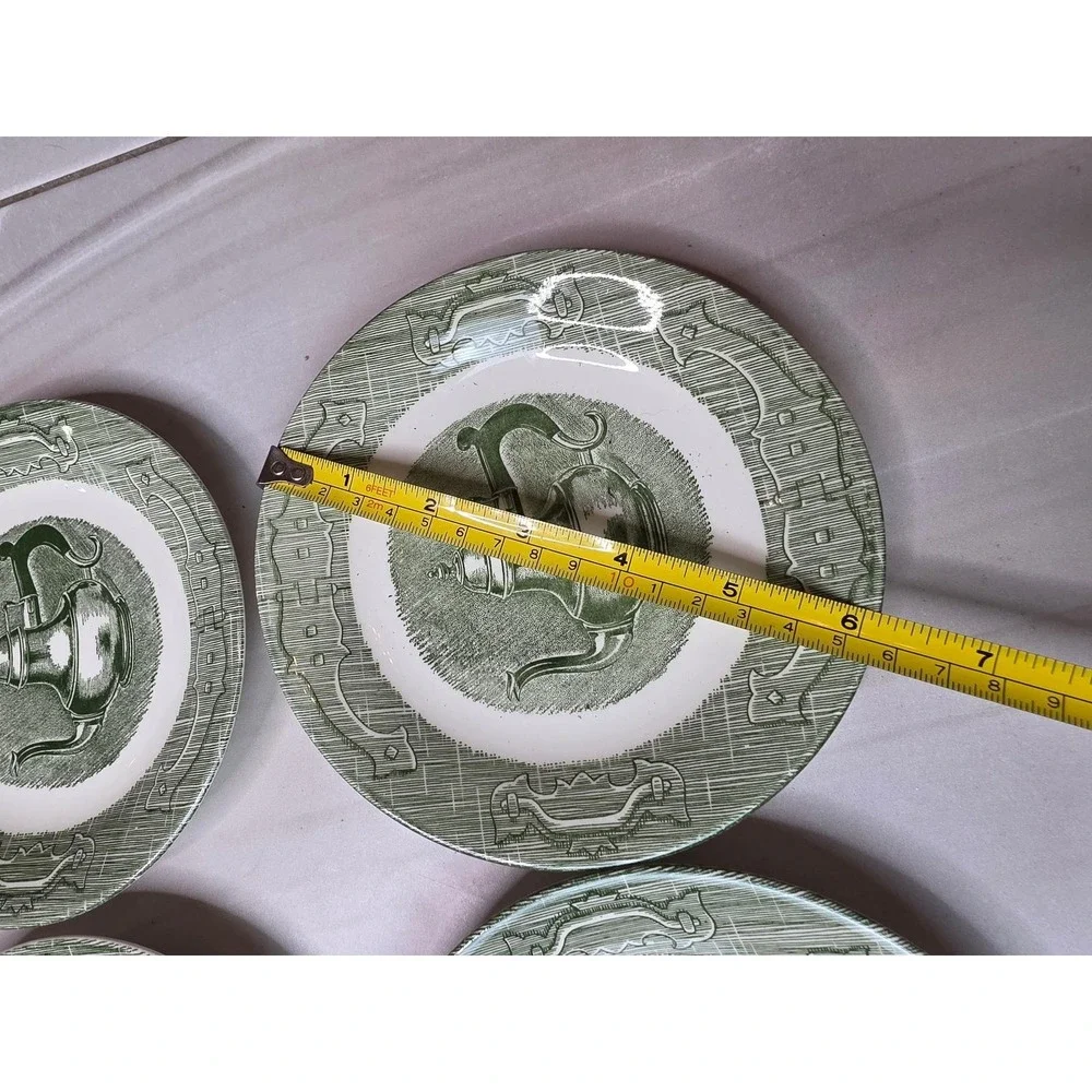 Vintage Green Transferware Teapot Bread and Butter‎ Plates Set of 6 6.25 Inch A2